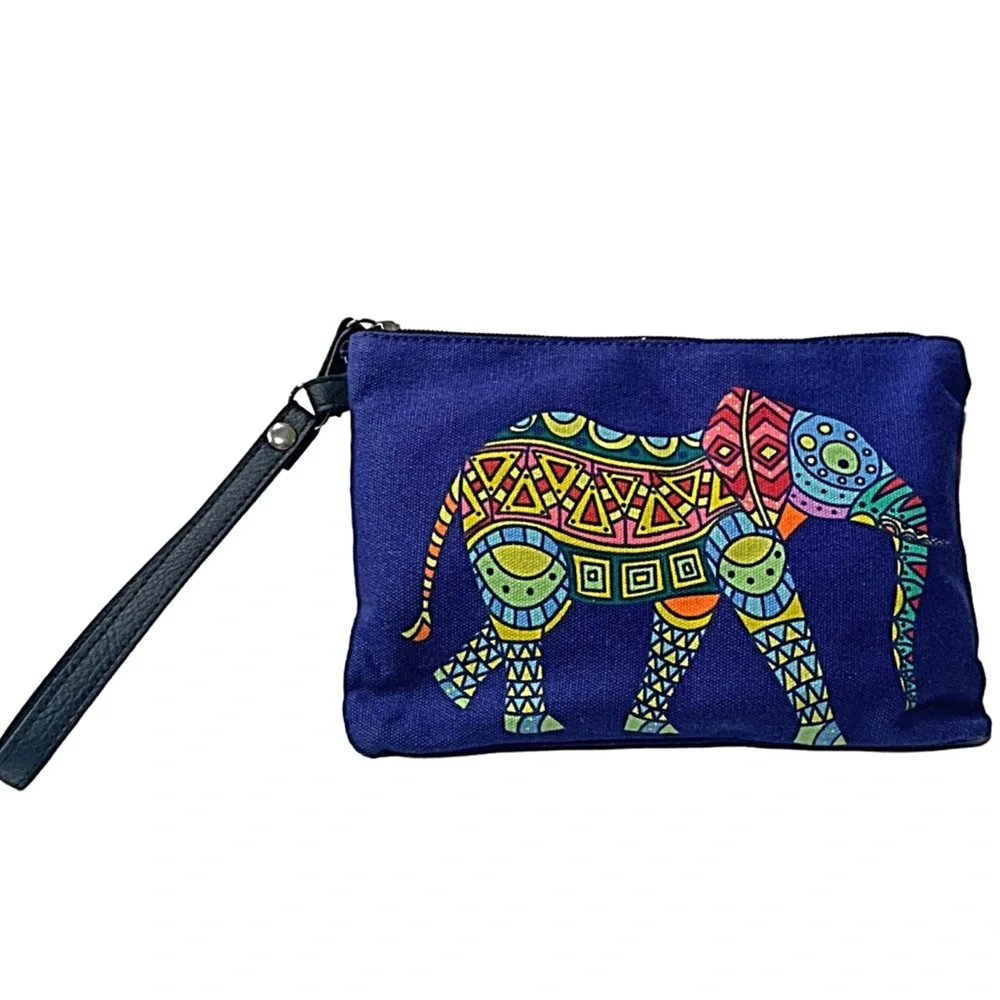 Flash Sale NEW Wristlet Elephant Print Canvas Wristlet Navy Blue